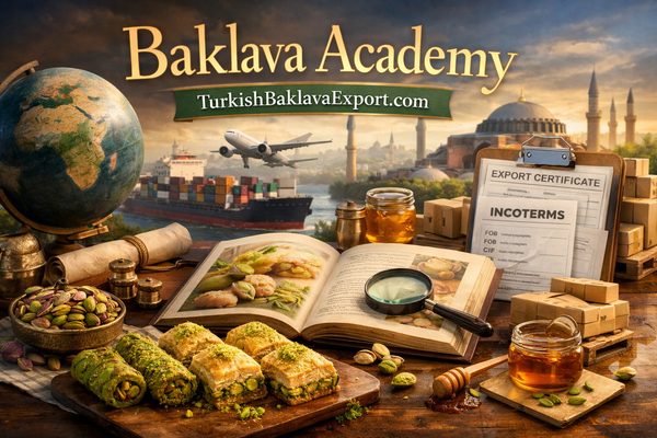Baklava Academy learning concept with pistachio and honey tones