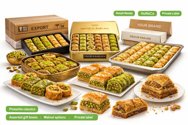 Assorted premium Turkish baklava collection with pistachio tones on white background