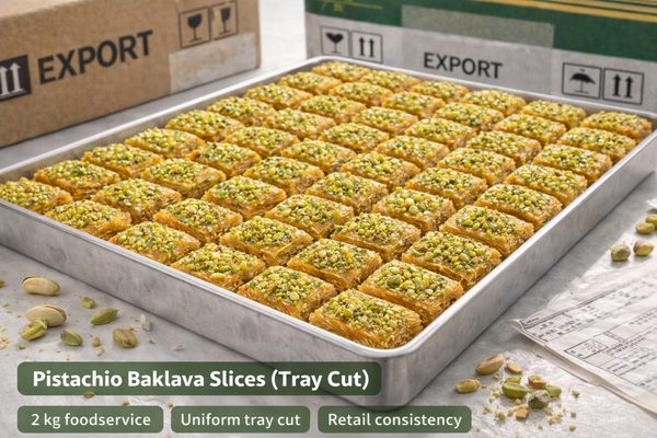 Pistachio baklava tray-cut slices — uniform slices for foodservice and retail consistency in export shipments